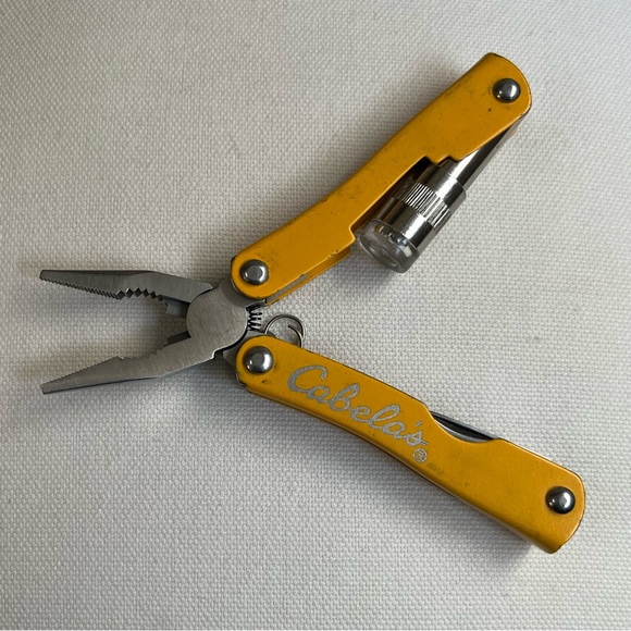 Cabela's Miniature Yellow Multi-Tool with Black Pouch Flashlight Keychain Pliers - Picture 2 of 5